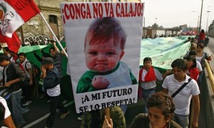 MDG : Mining in Peru : protest against the Conga mining project of US corporation Newmont, in Lima